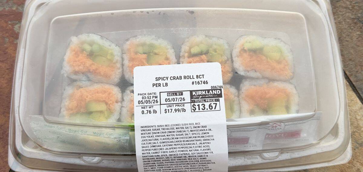Image of the spicy crab roll 8 count sushi sold at Costco.