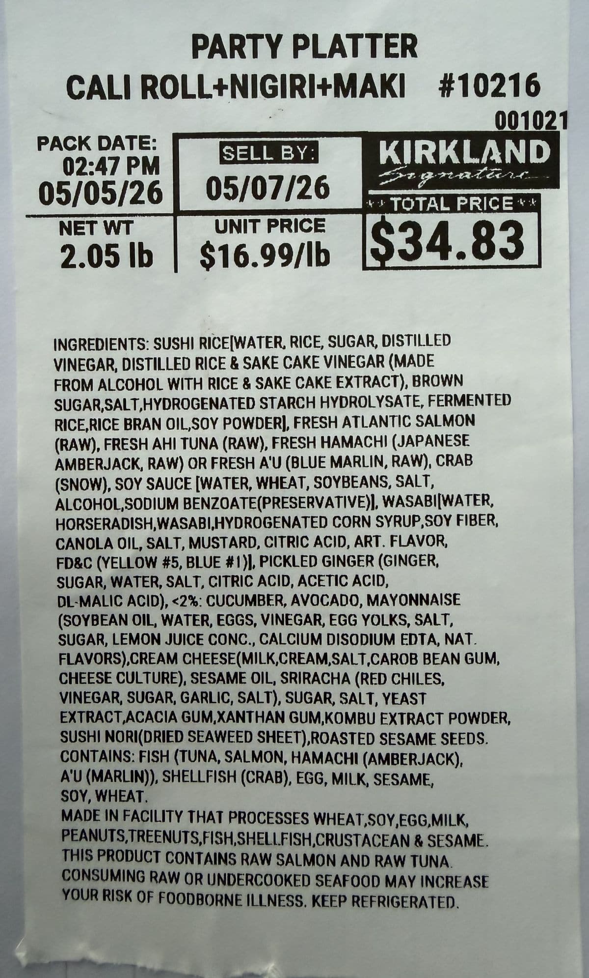 Image of the party platter, cali roll _ nigiri + maki ingredients from the label.