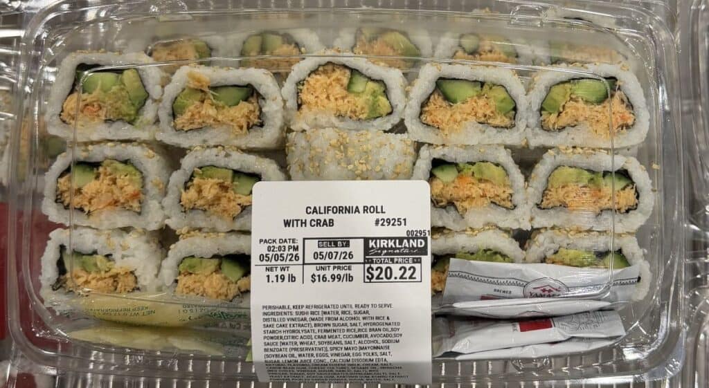 Image of a California roll with crab sushi platter tray from Costco unopened.