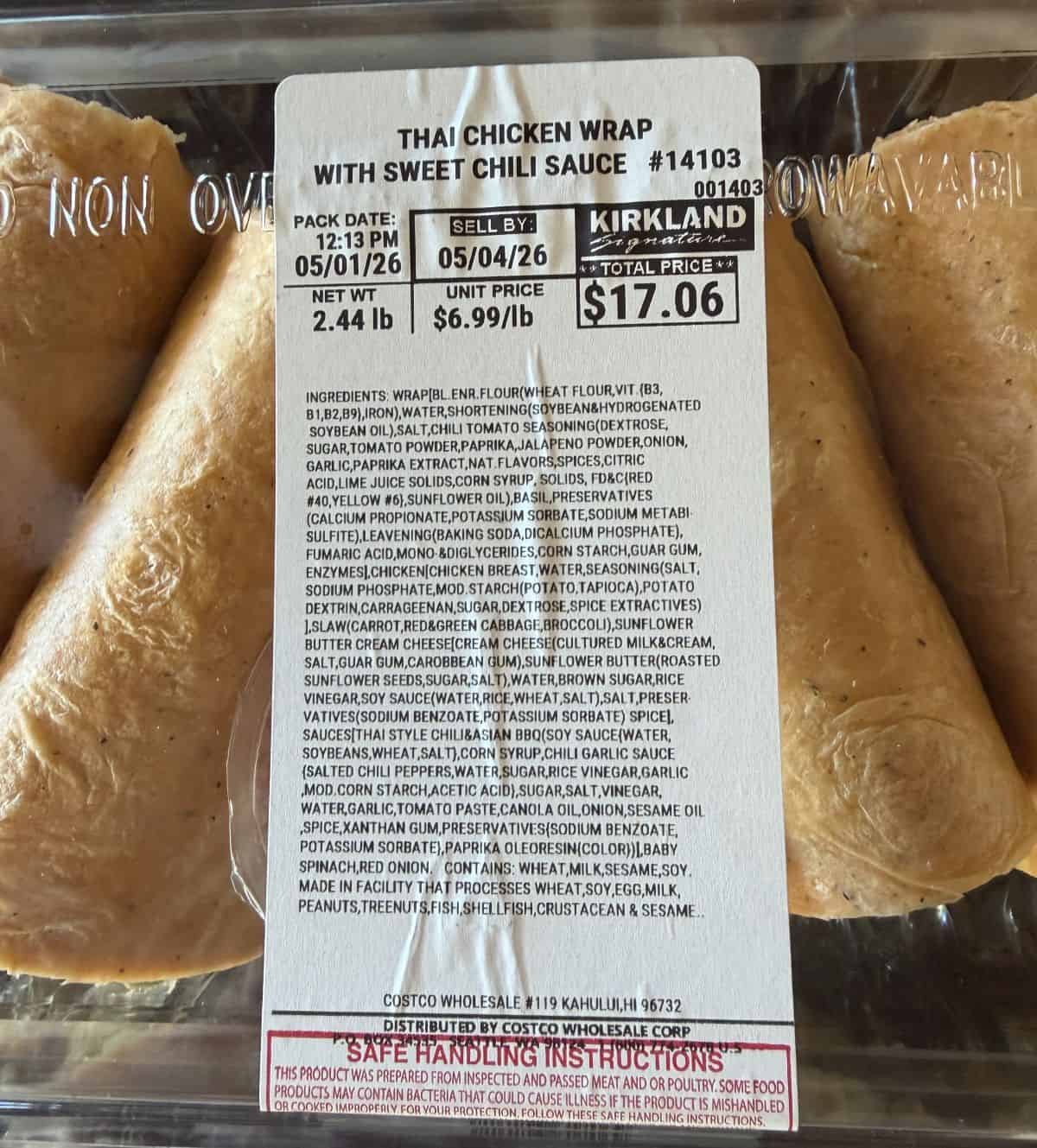 Top down image of the Costco Kirkland Signature Thai Chicken Wraps unopened sitting on a table.