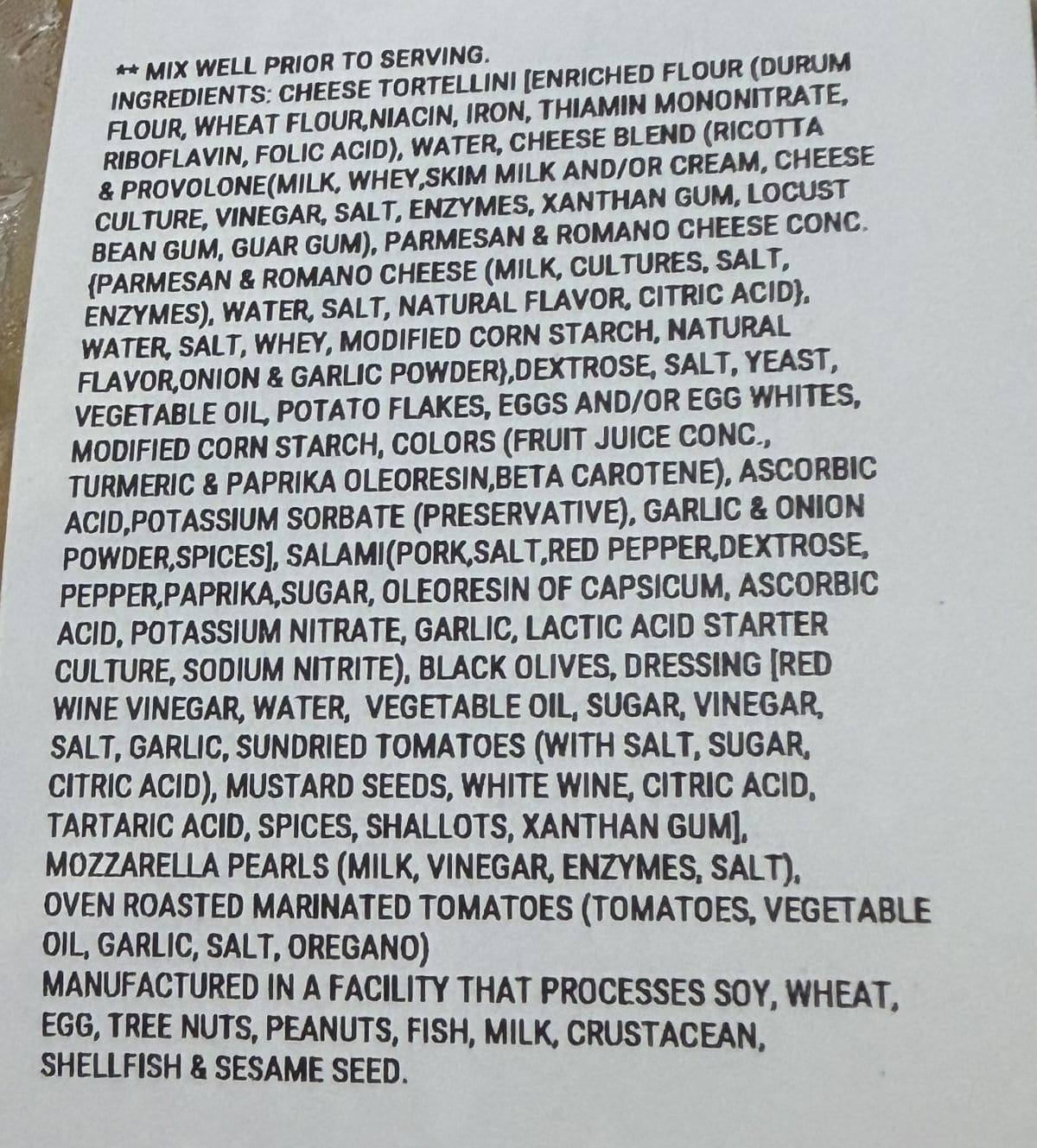 Image of the ingredients list for the pasta salad from the label.