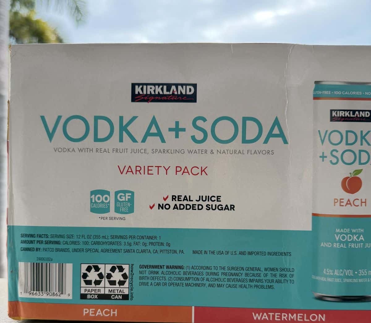 Image of the back of the Vodka+ Soda box showing that it's made with real juice and no added sugar.