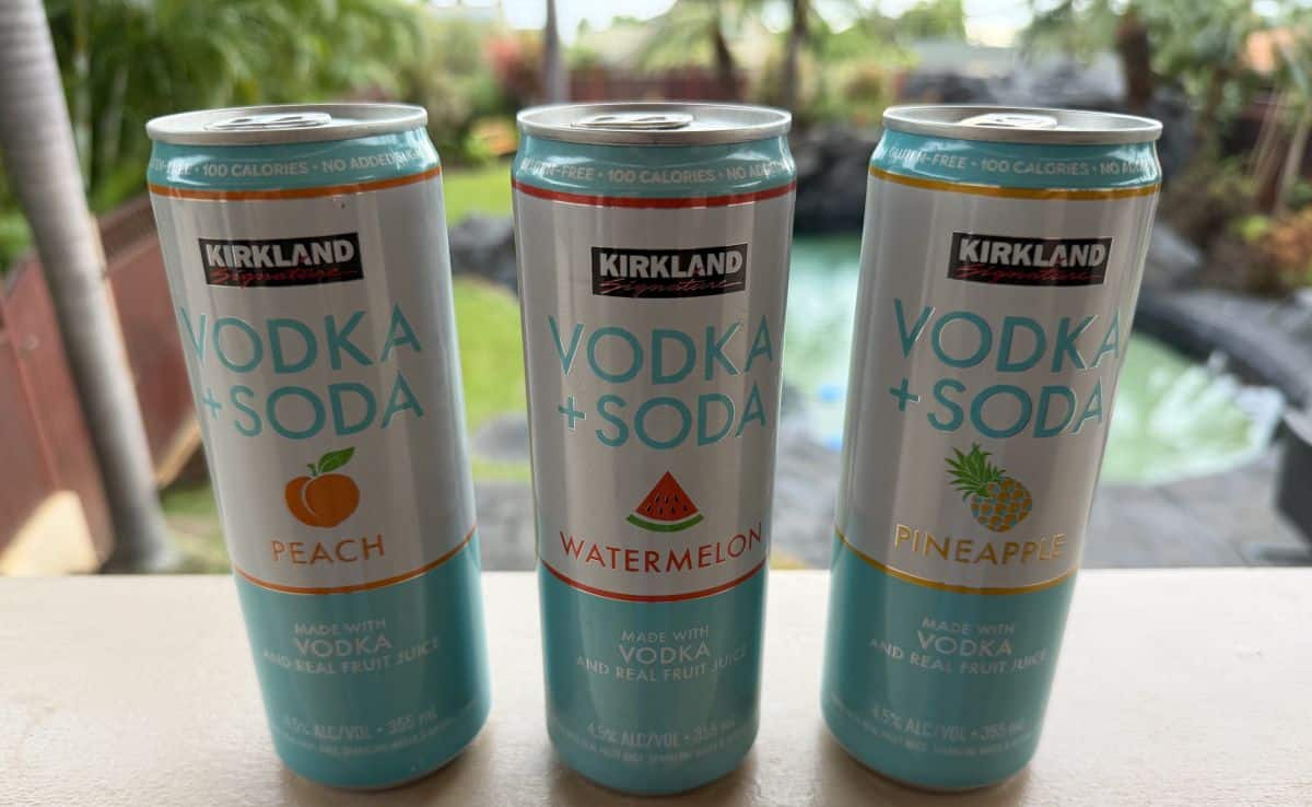 Picture of the three cans of vodka + soda in different flavors sitting on a deck unopened.