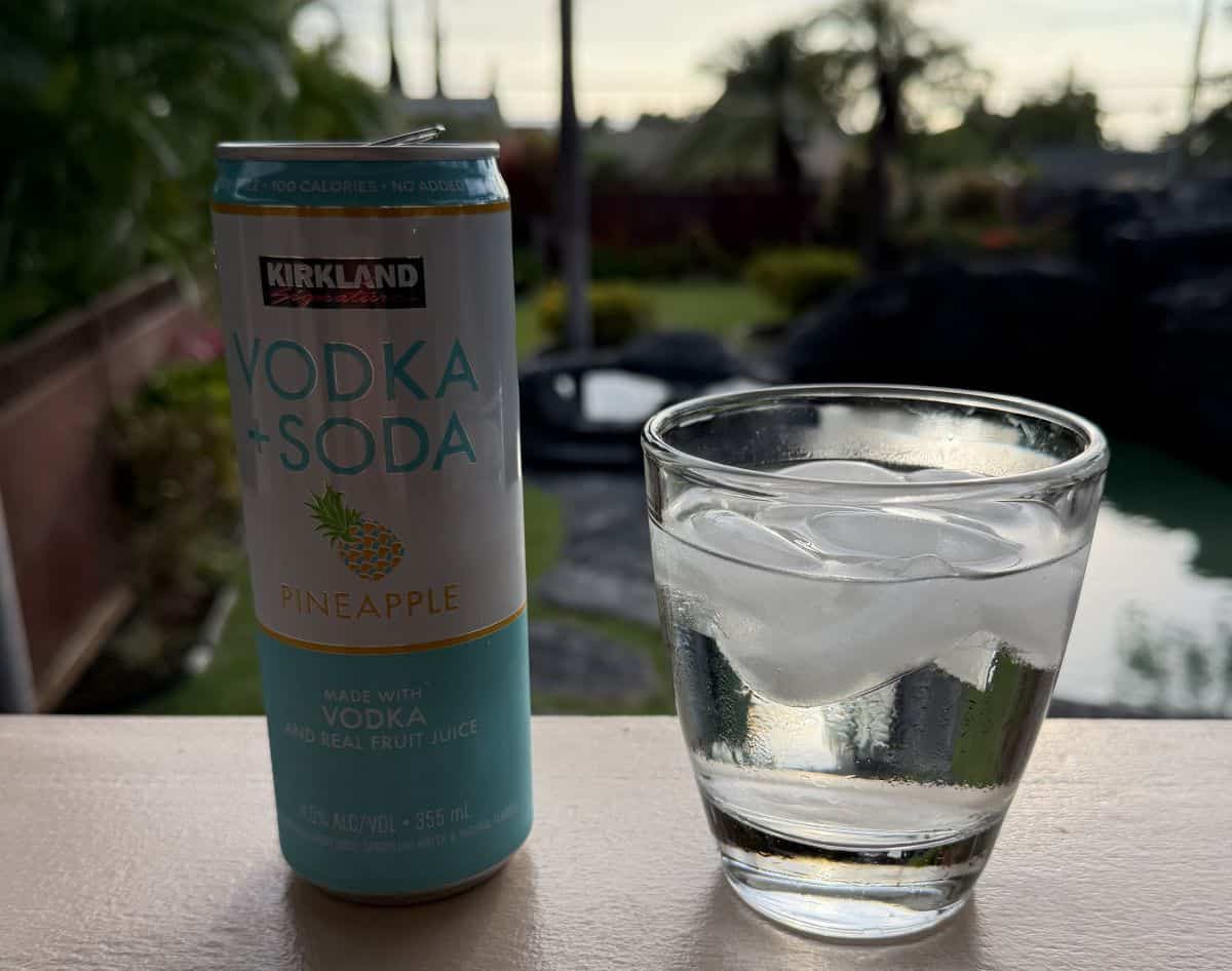 Picture of the pineapple vodka soda can beside a glass of vodka soda poured.