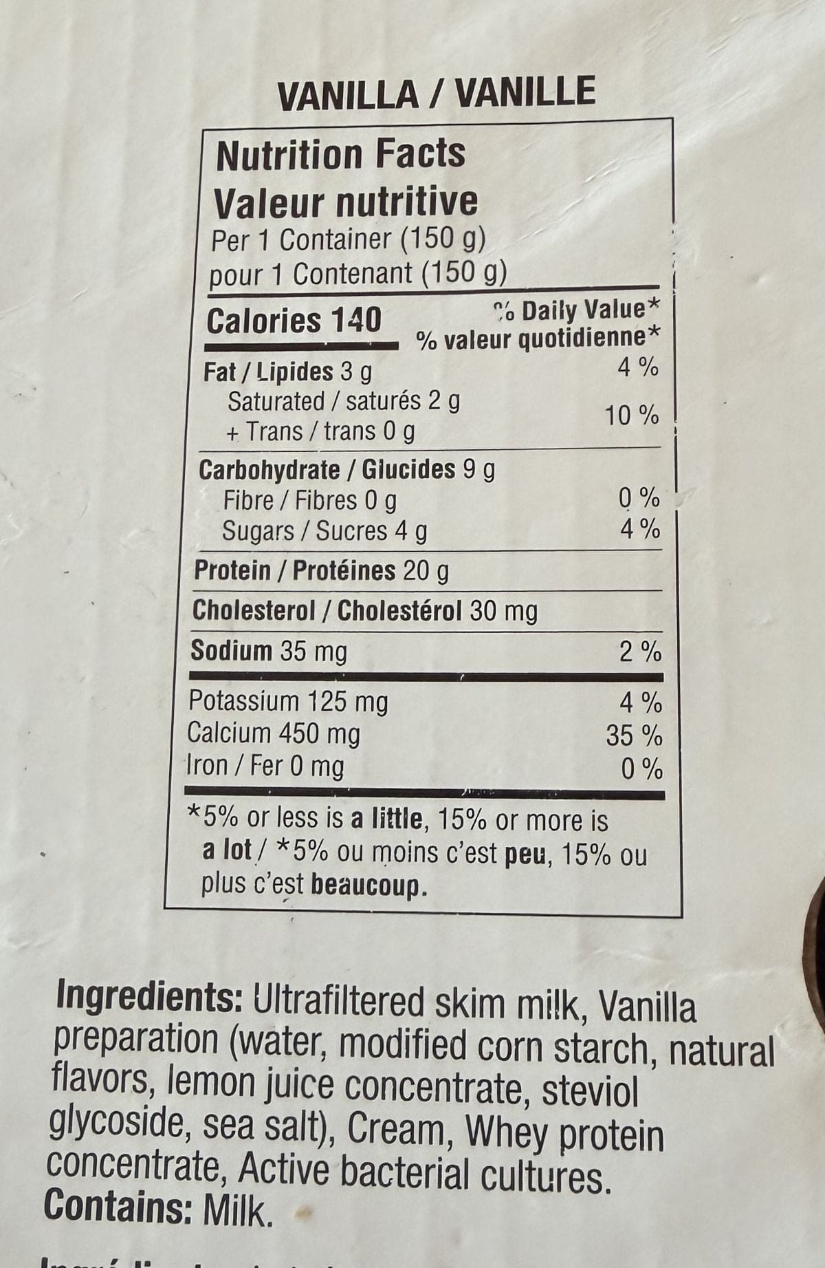 Image of the vanilla flavor ingredients and nutrition facts from the back of the package.