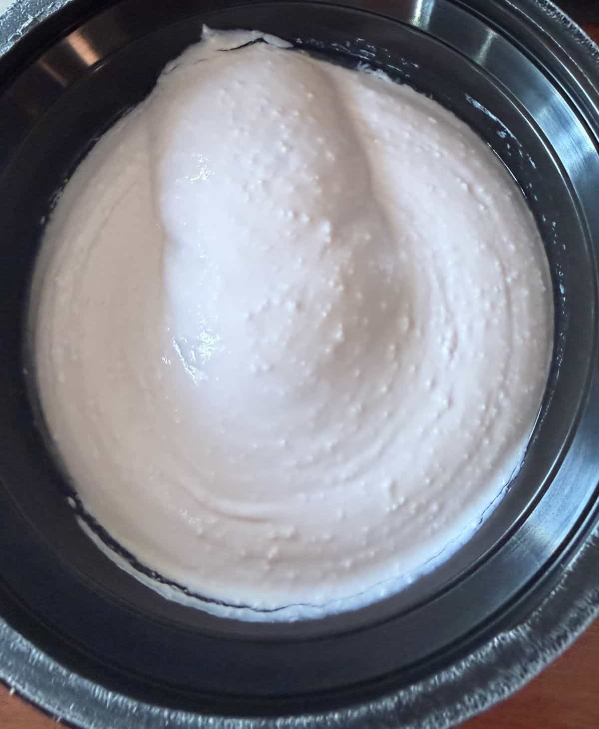 Top down image of the mixed berries Greek protein yogurt opened so you can see what it looks like.