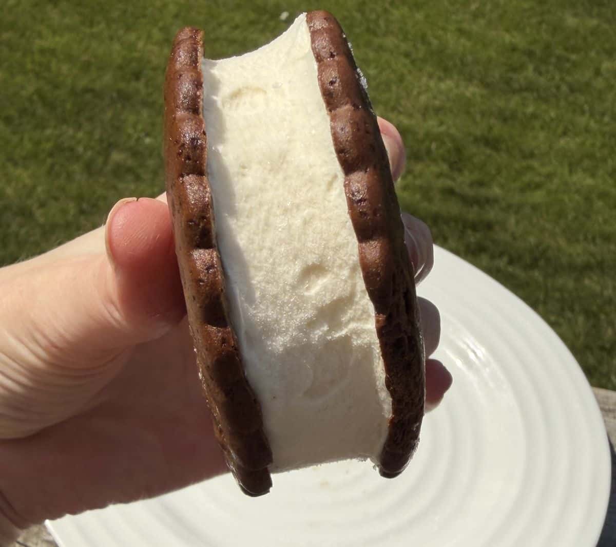 Image of a hand holding one ice cream sandwich close to the camera so you can see how thick the ice cream layer is and the thickness of the cookies.