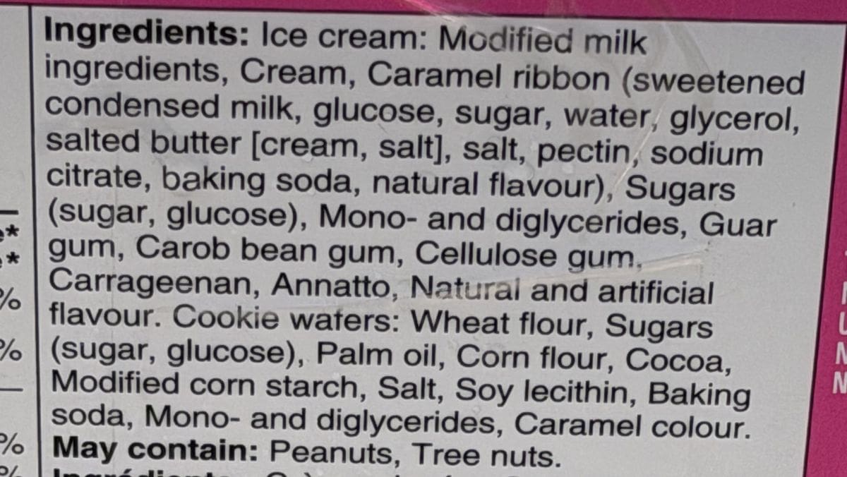 Image of the ingredients for the ice cream sandwiches from the back of the box.