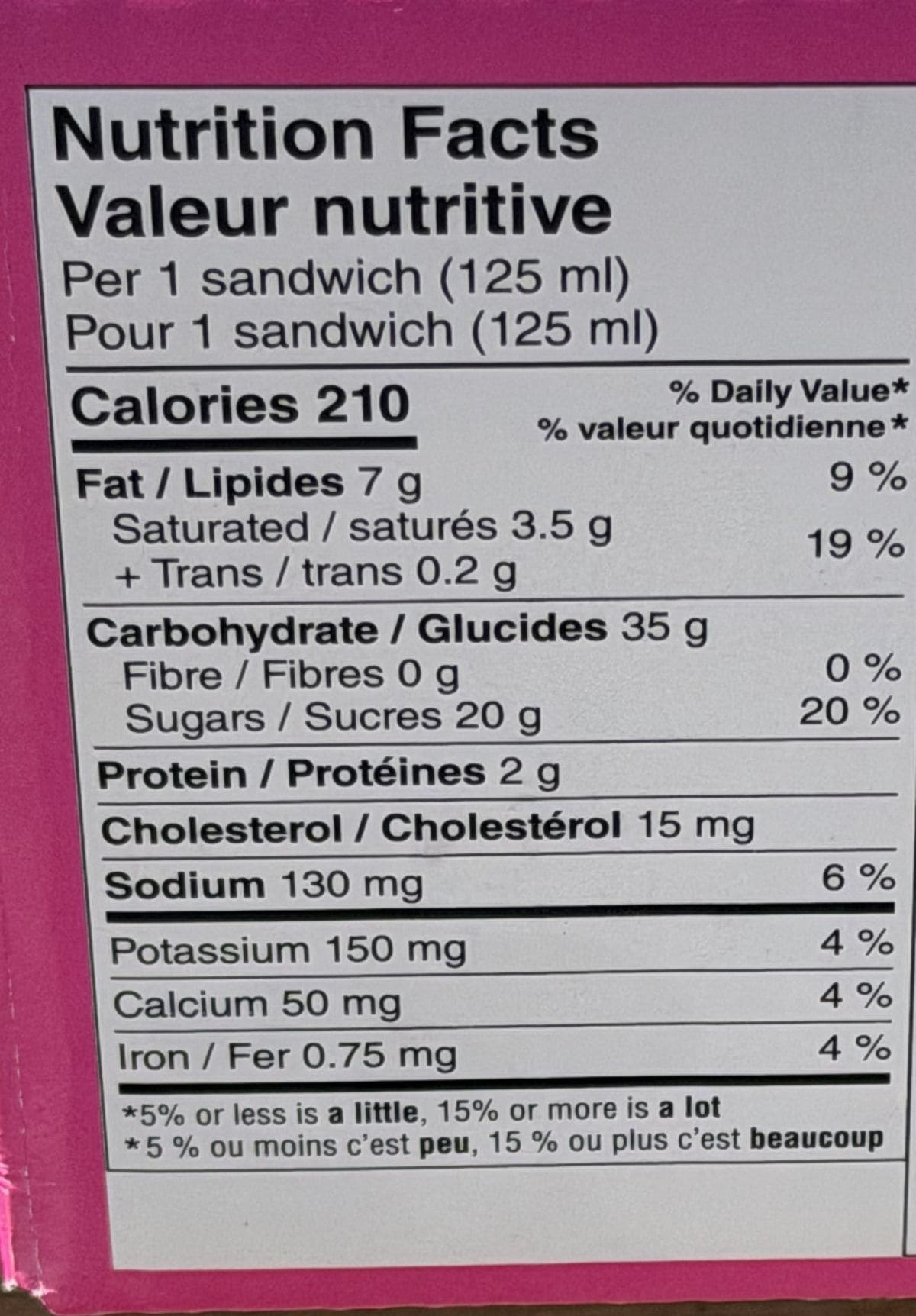 Image of the nutrition facts for the ice cream sandwiches from the back of the box.
