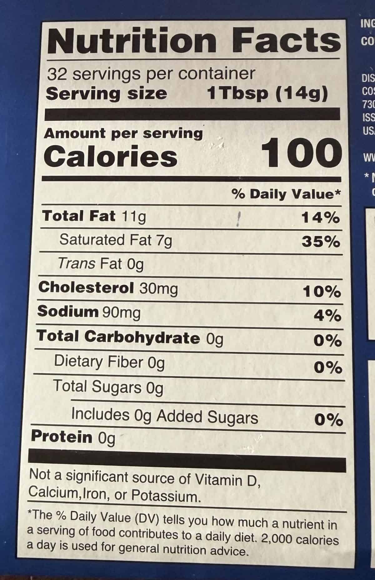 Image of the nutrition facts for the butter from the back of the box.