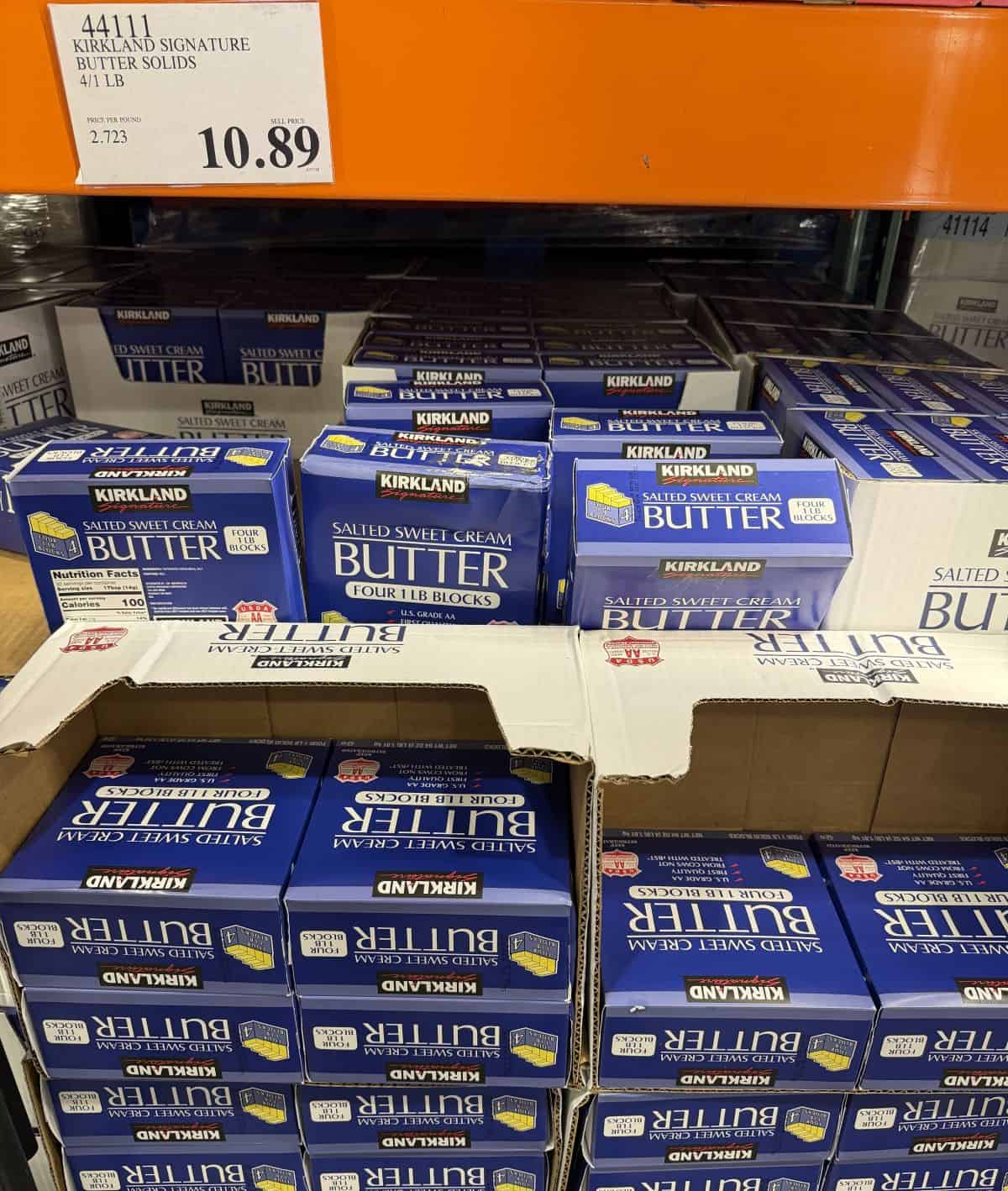 Image of the Kirkland Signature Sweet Cream Butter in the store with the price tag.