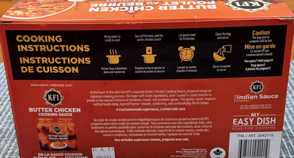 Image of the cooking instructions for the butter chicken from the back of the box.
