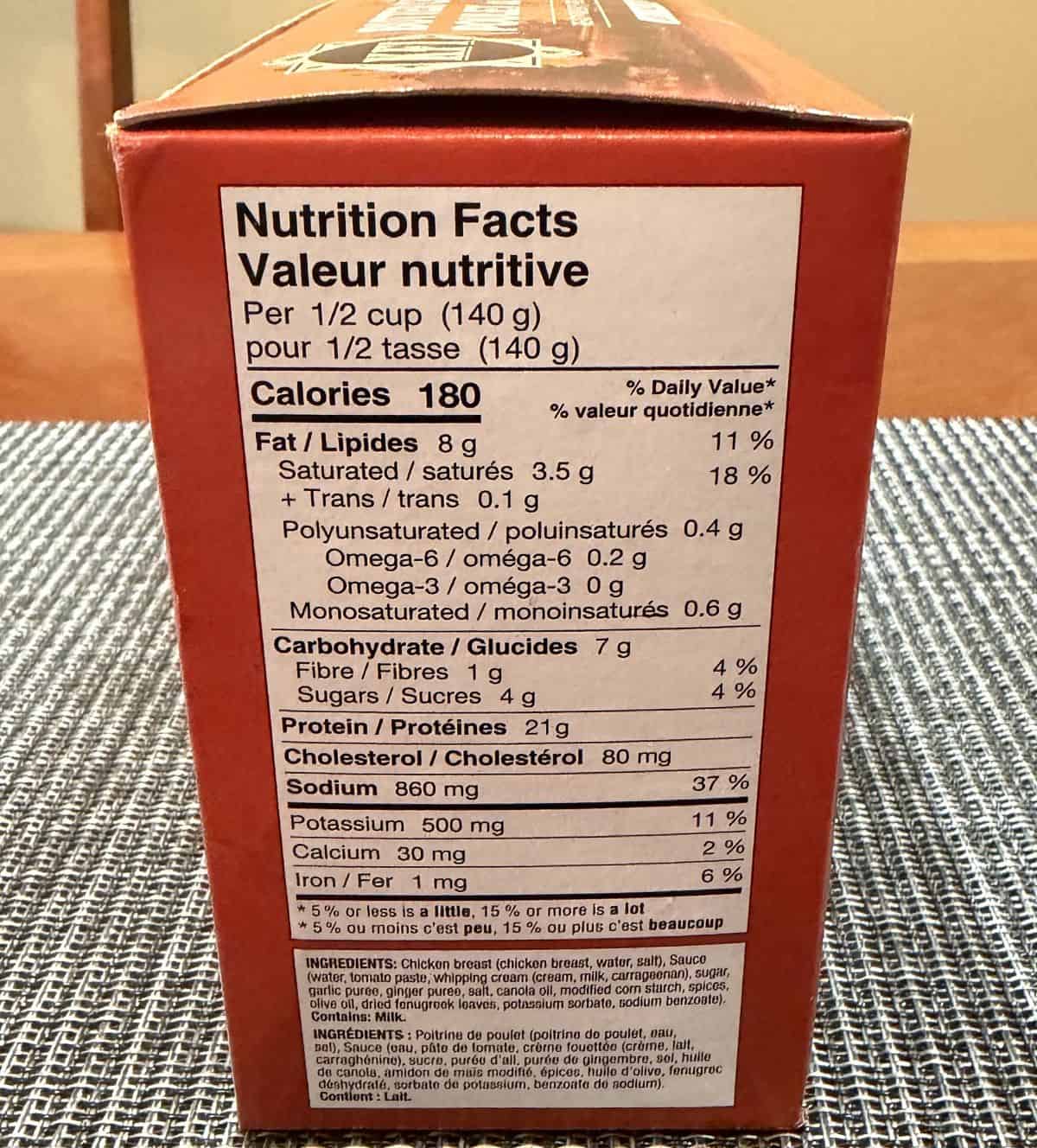Image of the nutrition facts for the butter chicken from the back of the box.