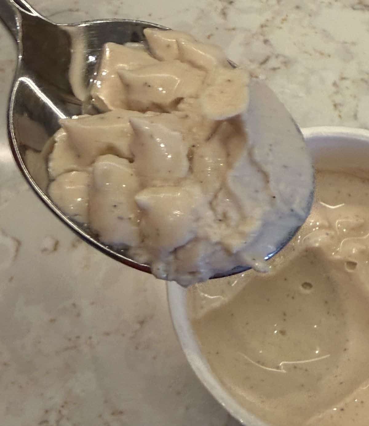 Image of a spoon of vanilla cinnamon yogurt hovering over a container of yogurt.