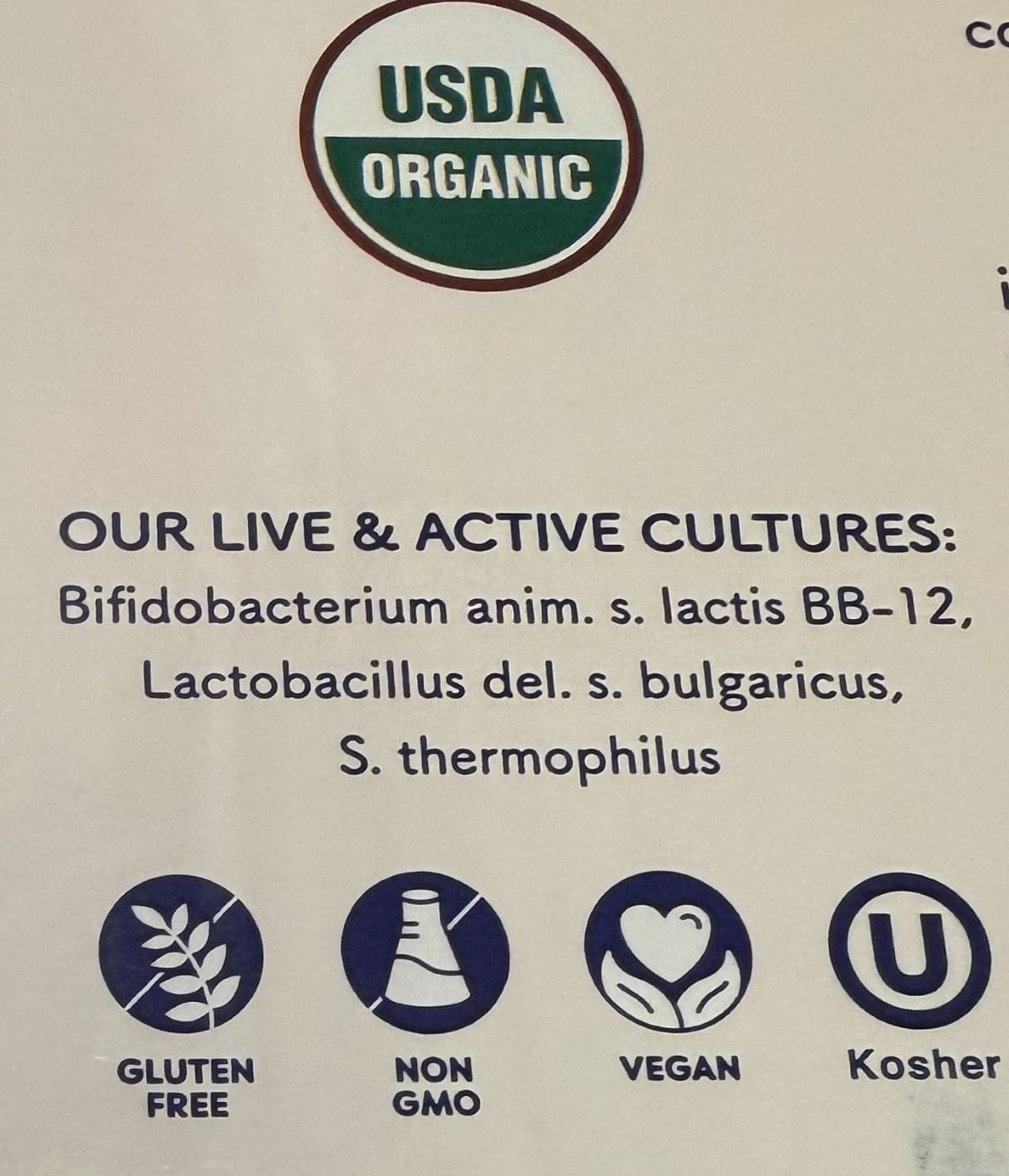 Image of the kinds of live & active cultures in the yogurt from the back of the box.
