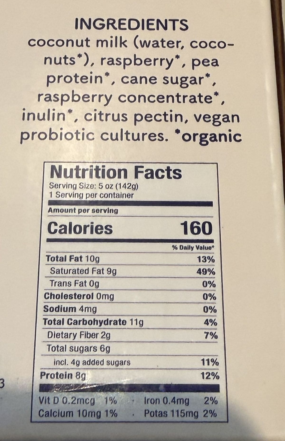 Image of the raspberry ingredients and nutrition facts from the back of the box.