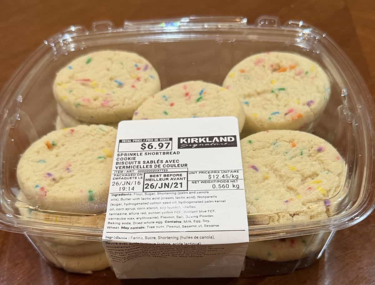 Sideview closeup image of an unopened container of the Costco Kirkland Signature Sprinkle Shortbread Cookies.