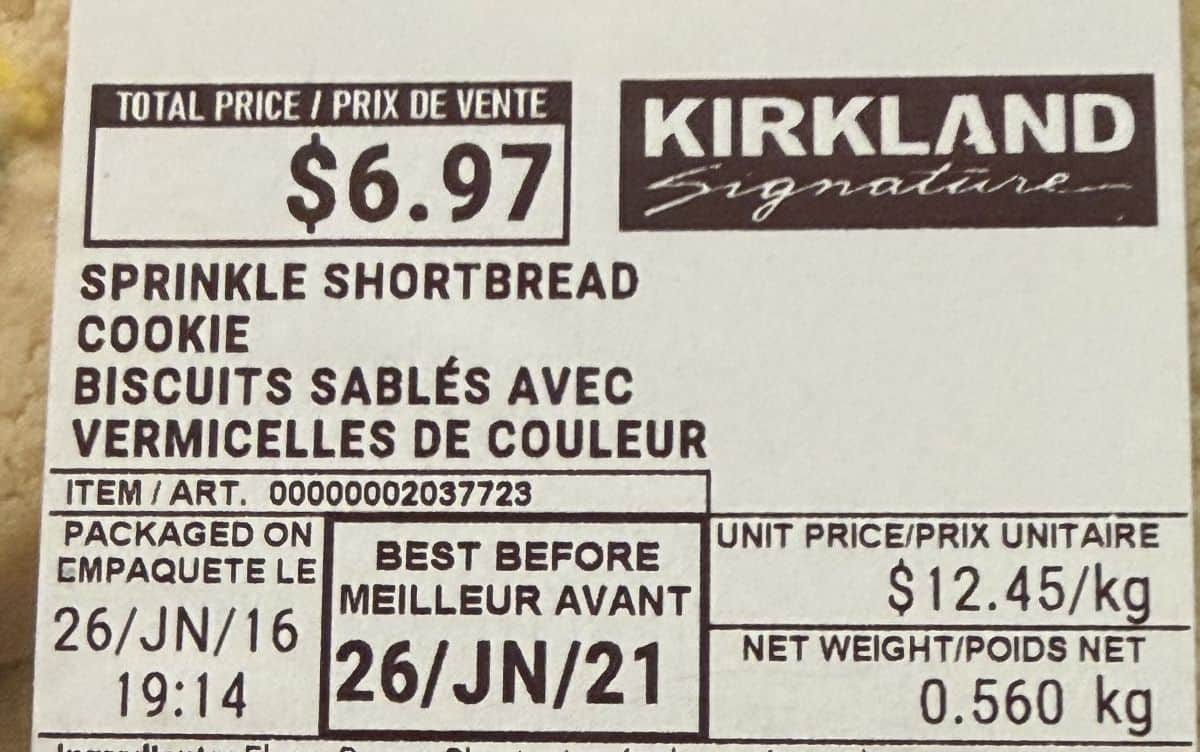 Closeup image of the front label on the cookie showing the cost and best before date.