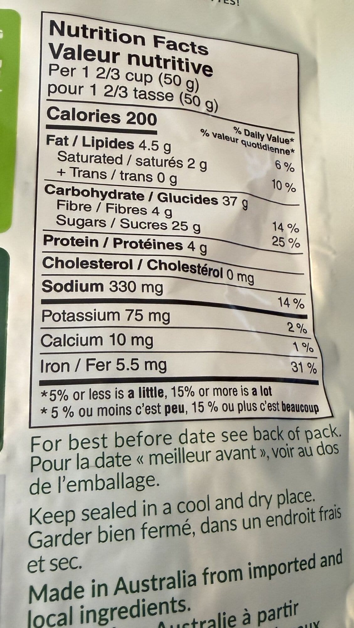 Image of the nutrition facts for the cucumber crisps from the back of the bag.