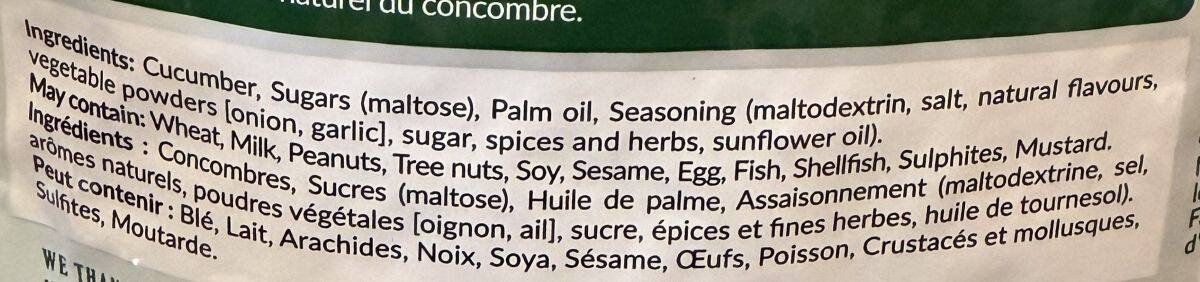 Image of the ingredients list for the cucumber crisps from the back of the bag.