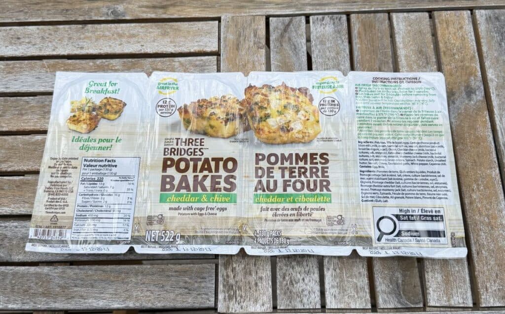 Image of the Costco Three Bridges Potato Bakes package sitting on a table unopened.