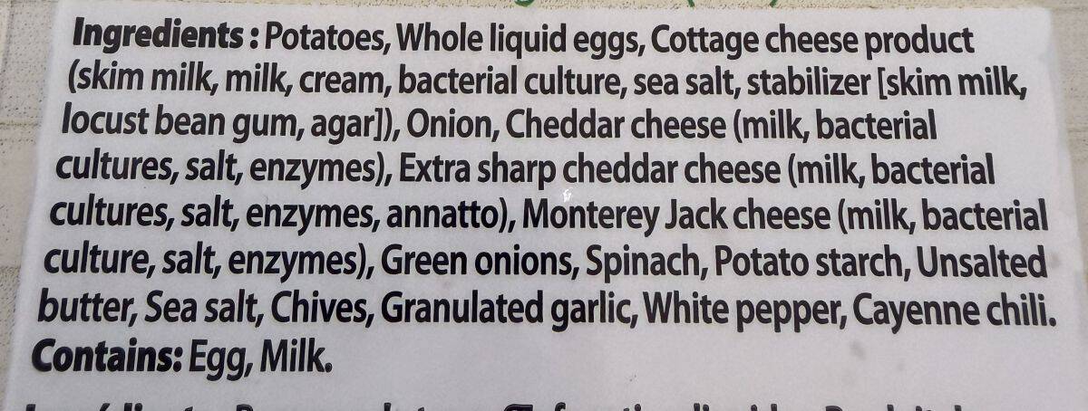 Image of the ingredients list for the potato bakes from the back of the package.