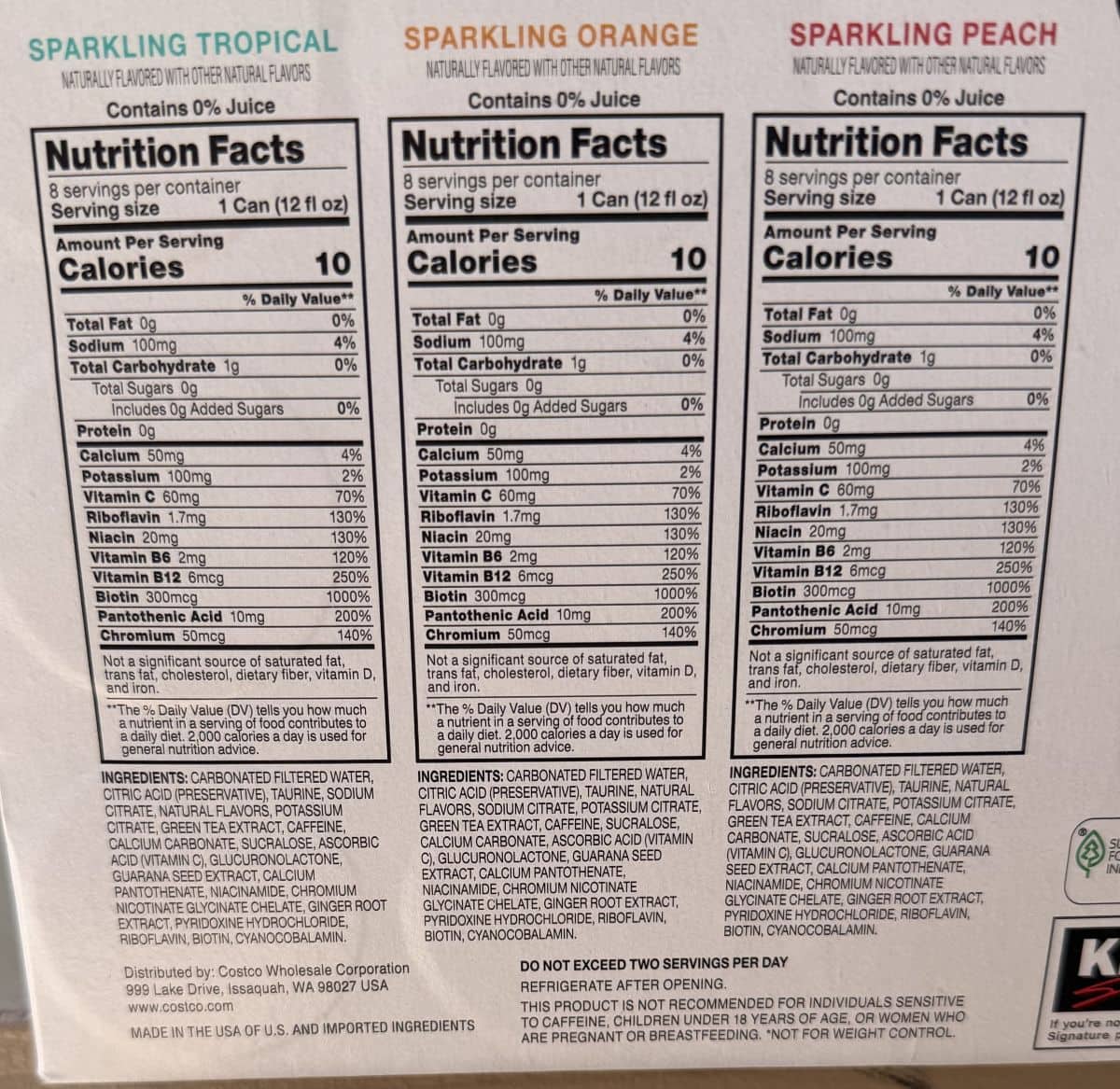 Image of the calories and nutrition facts for the energy drinks from the back of he box.