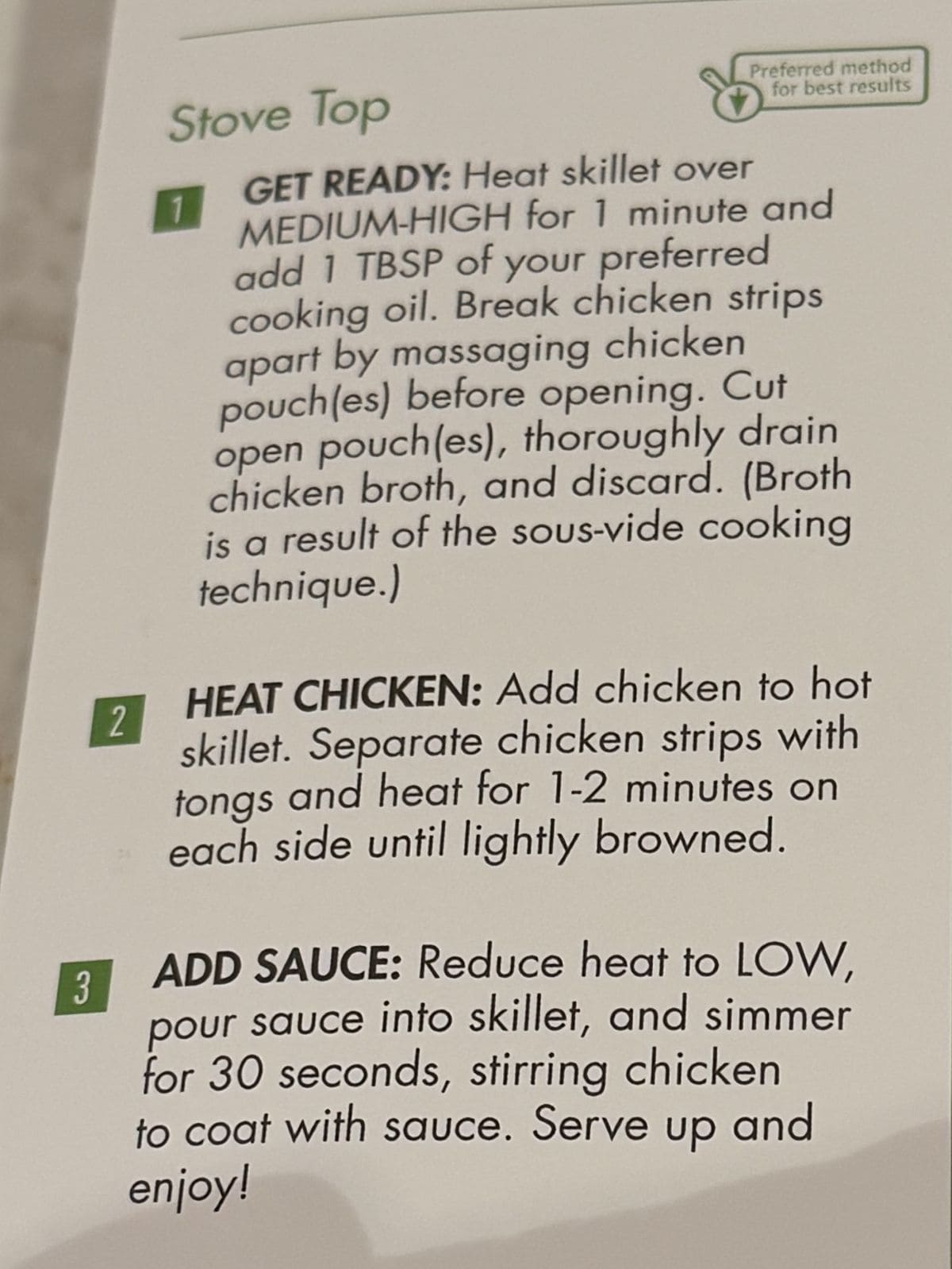 Image of the stove top heating instructions from the back of the box.