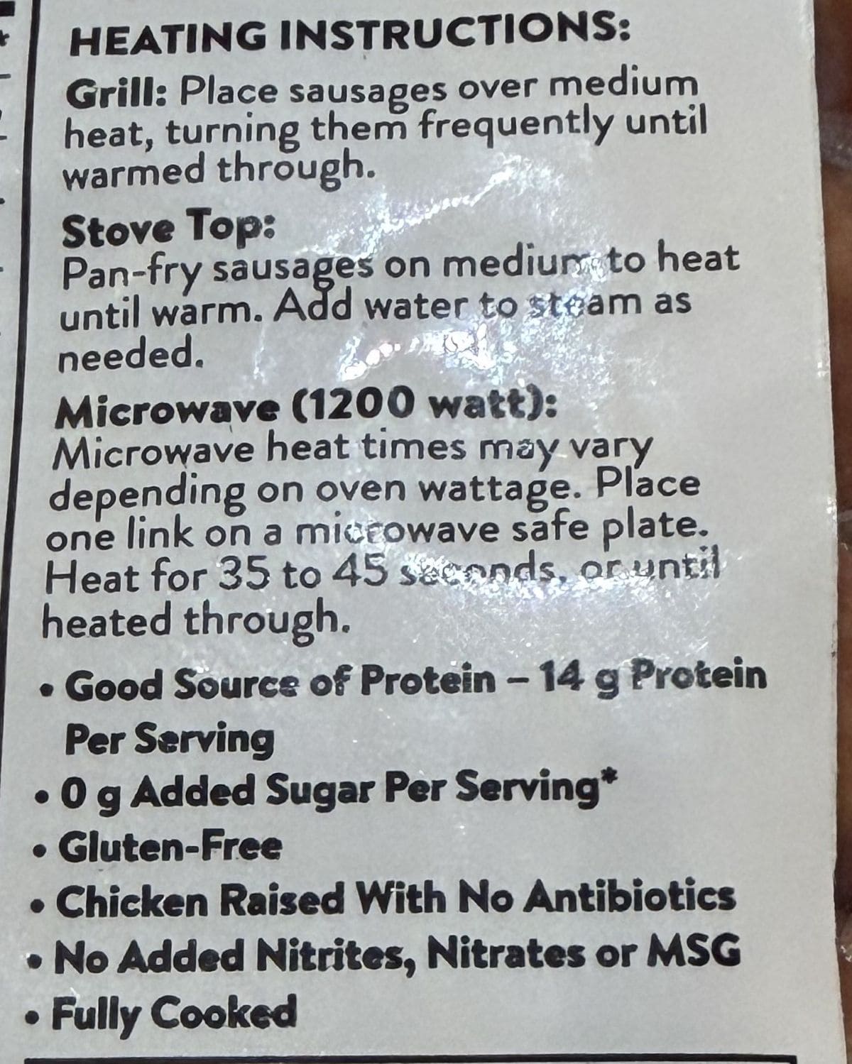 Image of the cooking instructions for the sausages from the back of the package.