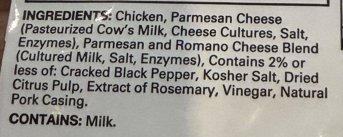 Image of the ingredients list for the sausages from the back of the pack.