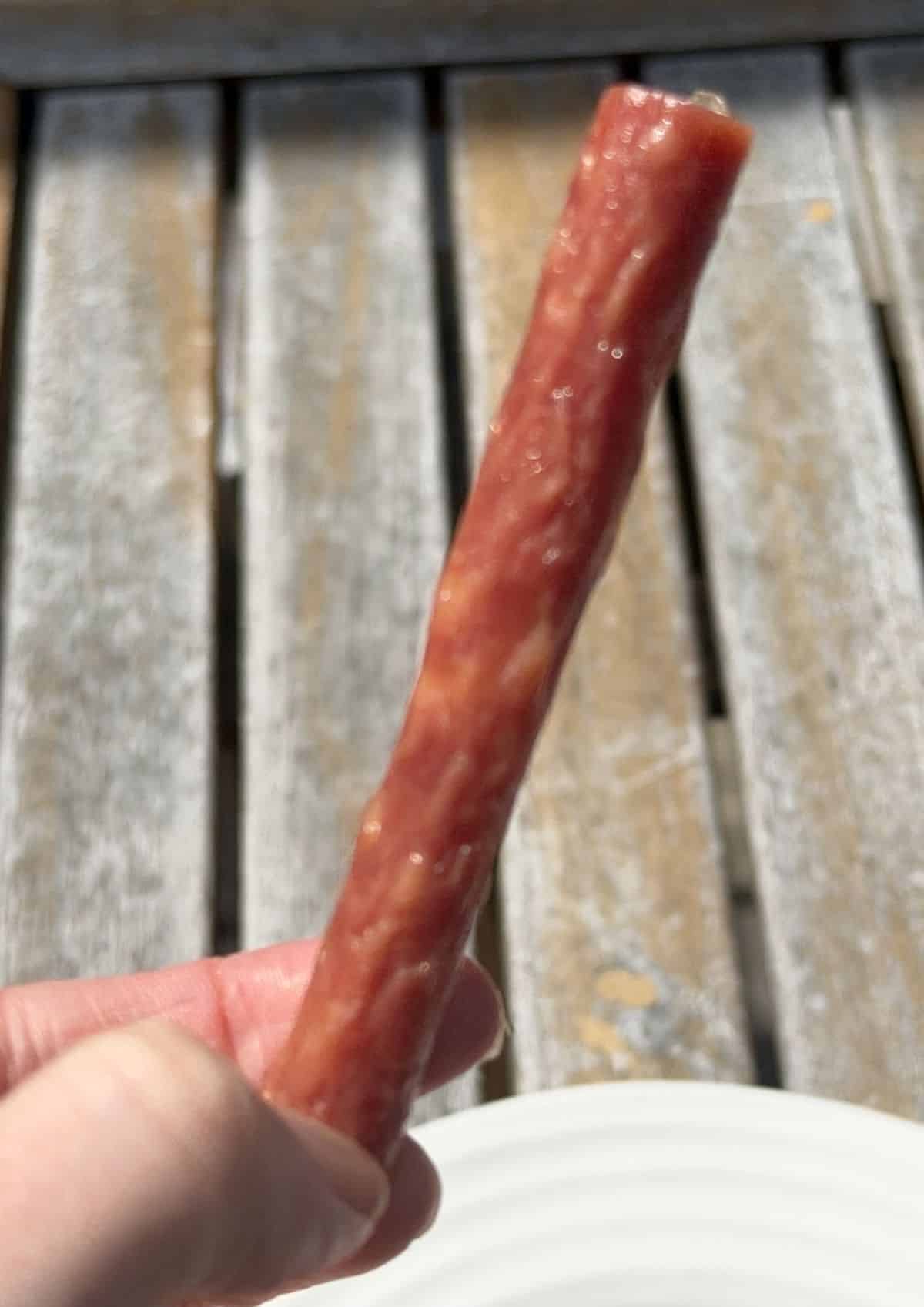 Closeup image of the salami stick being held showing how long the stick is and how thick.