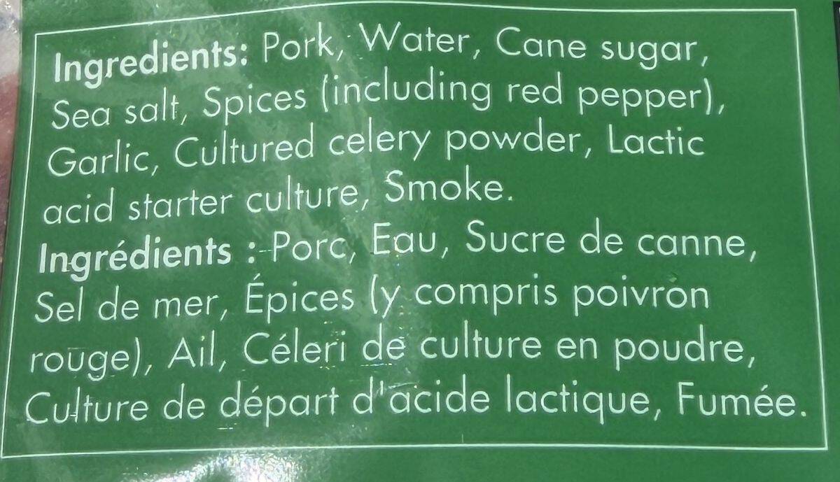 Image of the ingredients for salami snacksticks from the back of the bag.