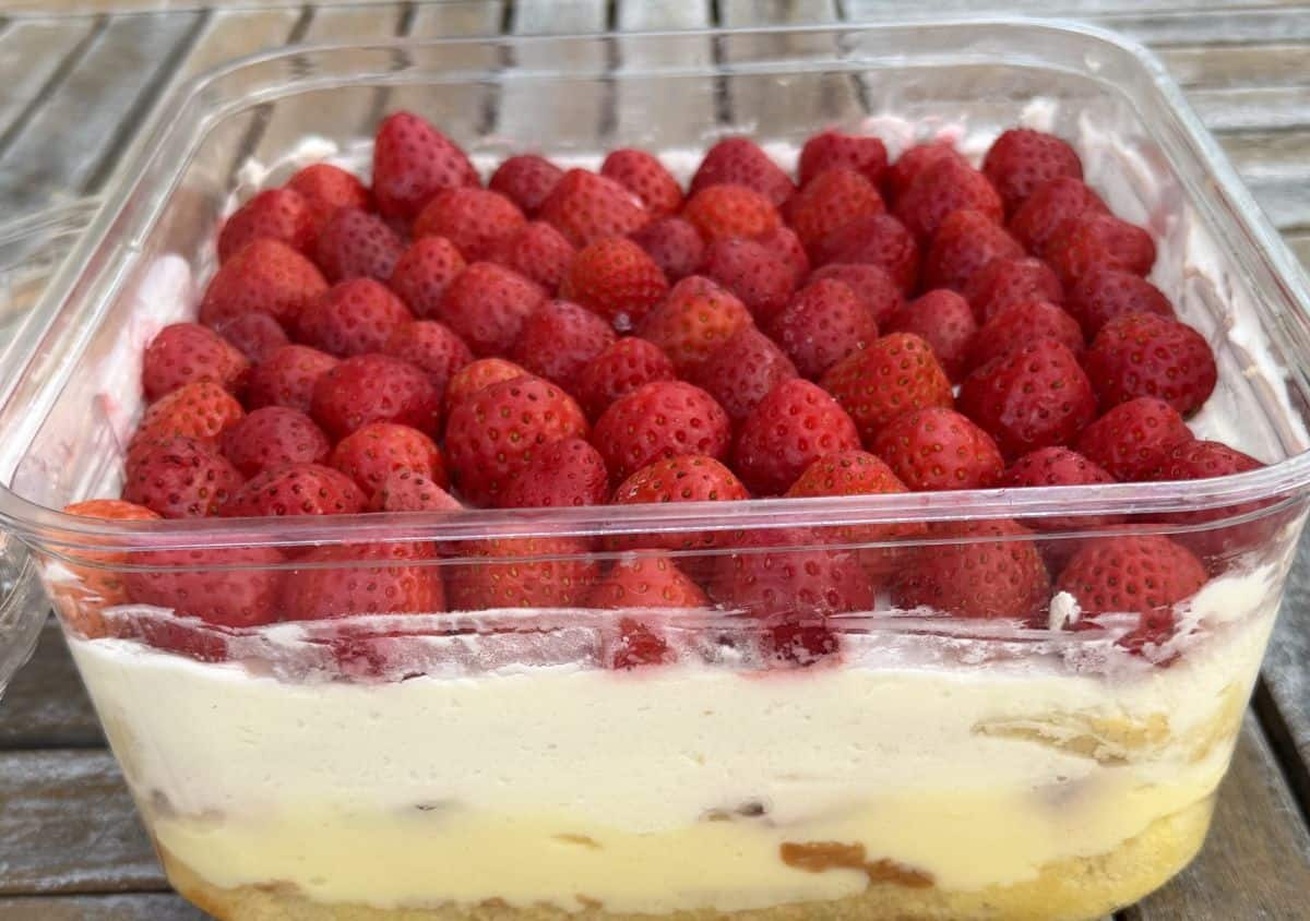 Sideview image of the Kirkland Signature Strawberry Scoop Cake sitting outside on a table so you can see all the layers in the cake.