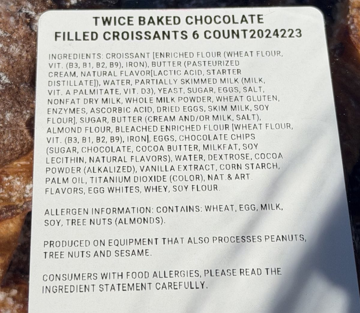 Image of the ingredients list for the croissants from the label.