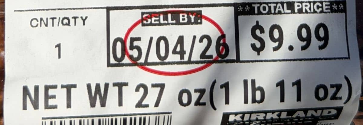 Closeup image of the front label on the croissants showing specifically the cost and best before date.