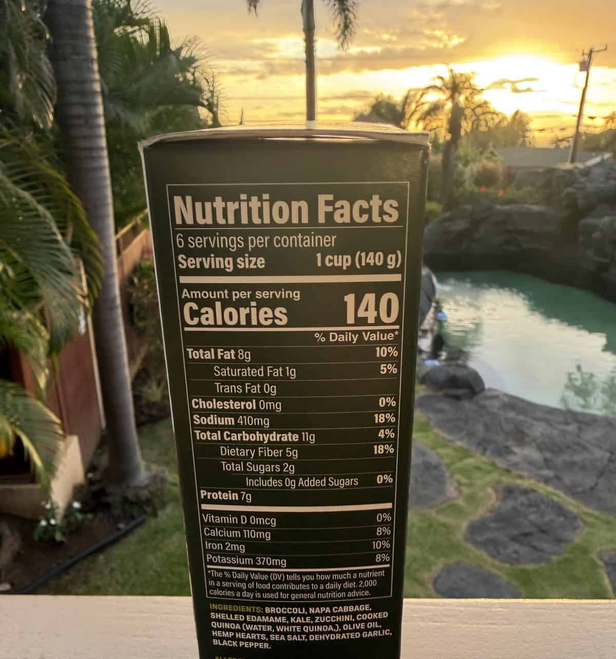 Image of the back of the box showing the nutrition facts and ingredients.