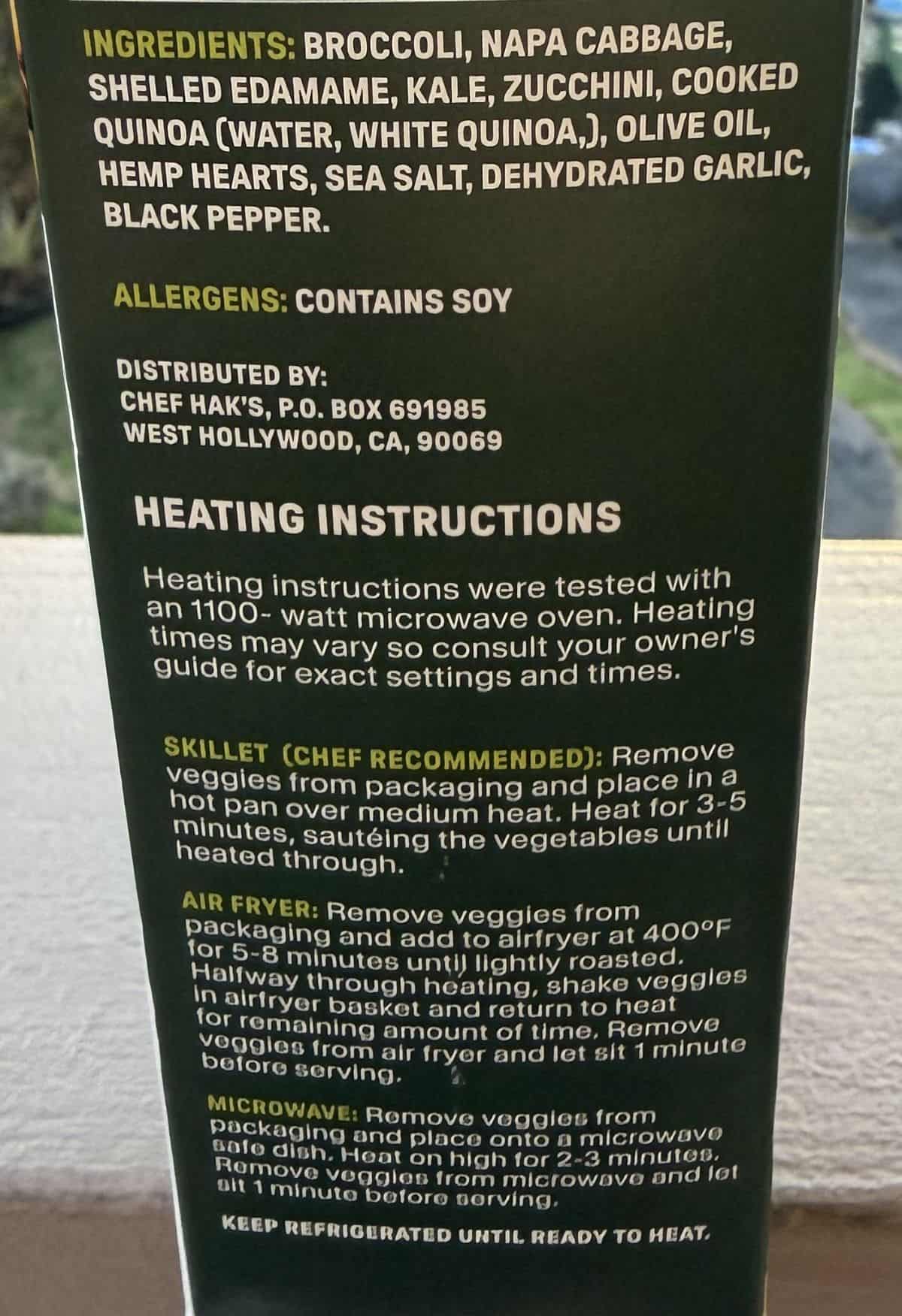 Image of the heating instructions for the veggies & quinoa from the back of the box.