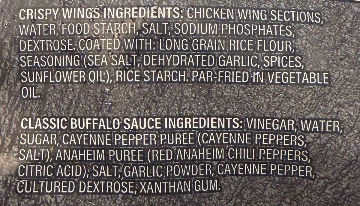 Image of the ingredients for the wings from the back of the bag.