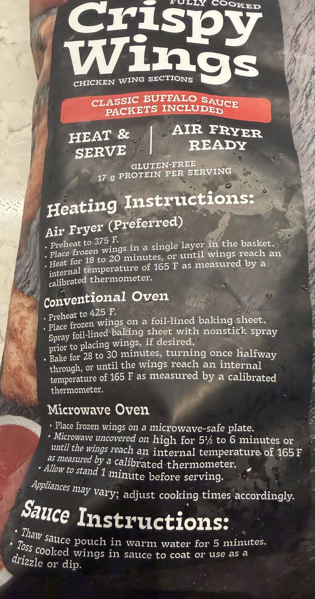 Image of the cooking instructions for the wings from the back of the bag.