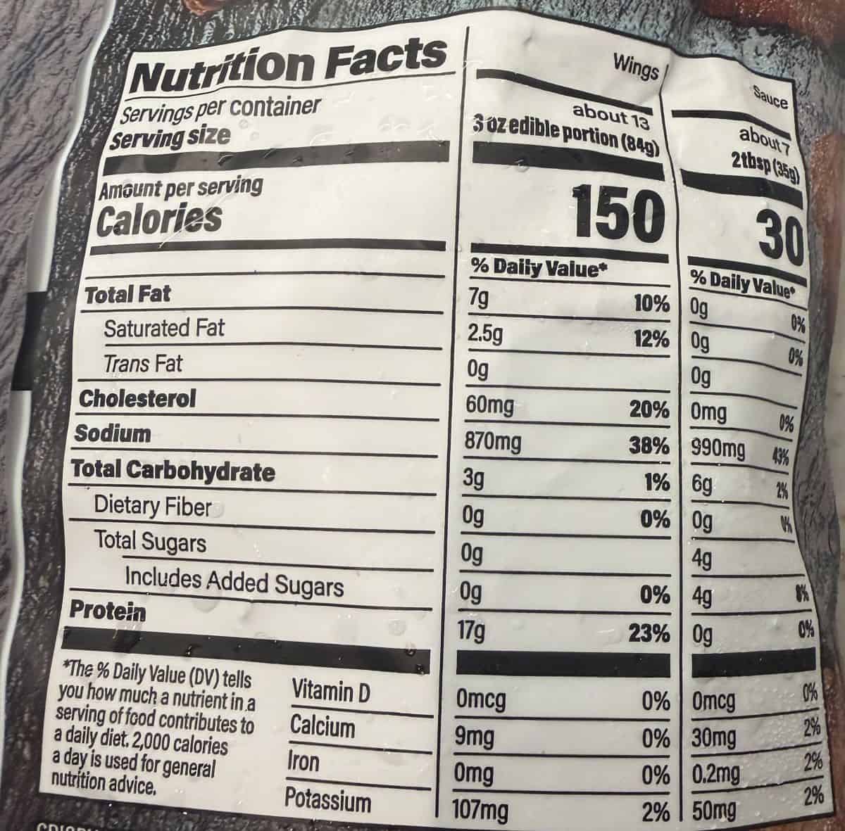 Image of the nutrition facts for the wings from the back of the bag.