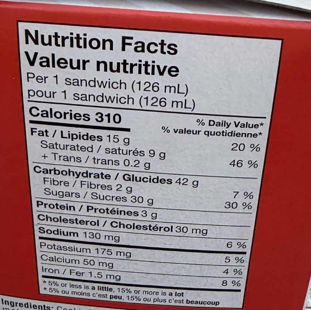 Image of the nutrition facts for the ice cream sandwiches from the back of the box.