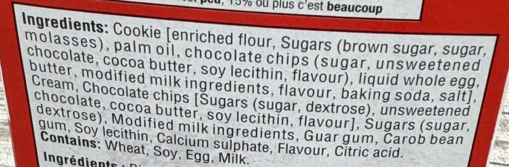 Image of the ingredients list for the ice cream sandwiches from the back of the box.