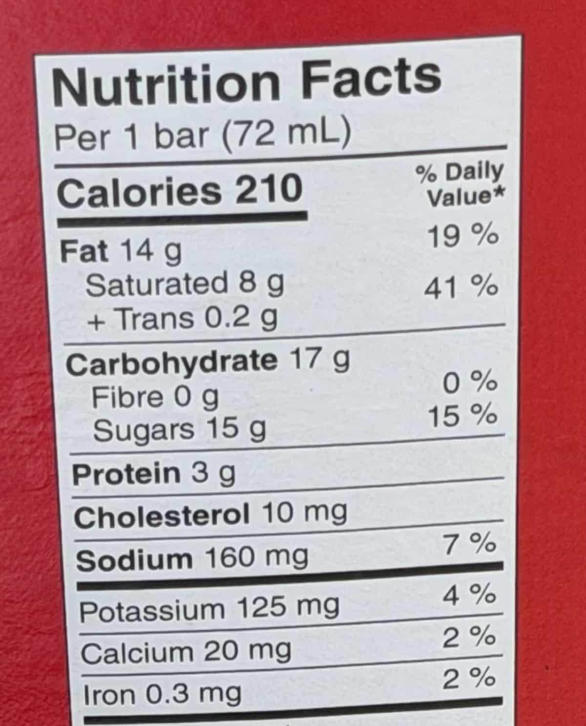 Image of the nutrition facts for the bars from the back of the box.