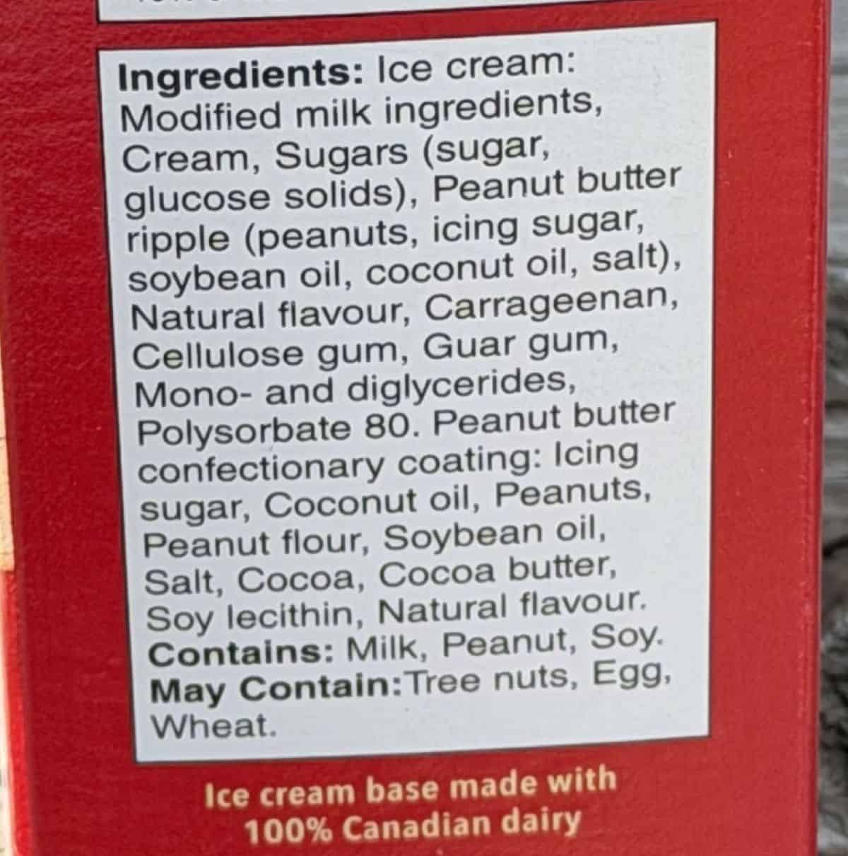 Image of the ingredients list for the bars from the back of the box.