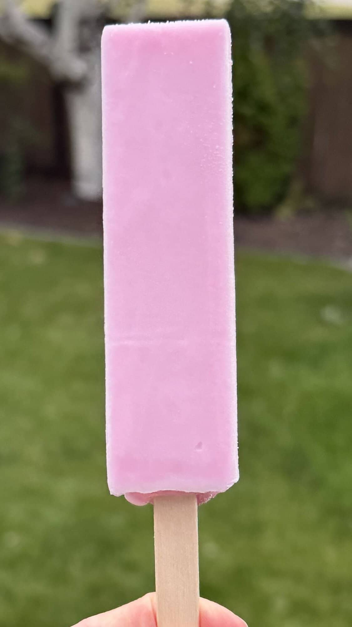 Image of a hand holding a strawberry Melona bar close to the camera.
