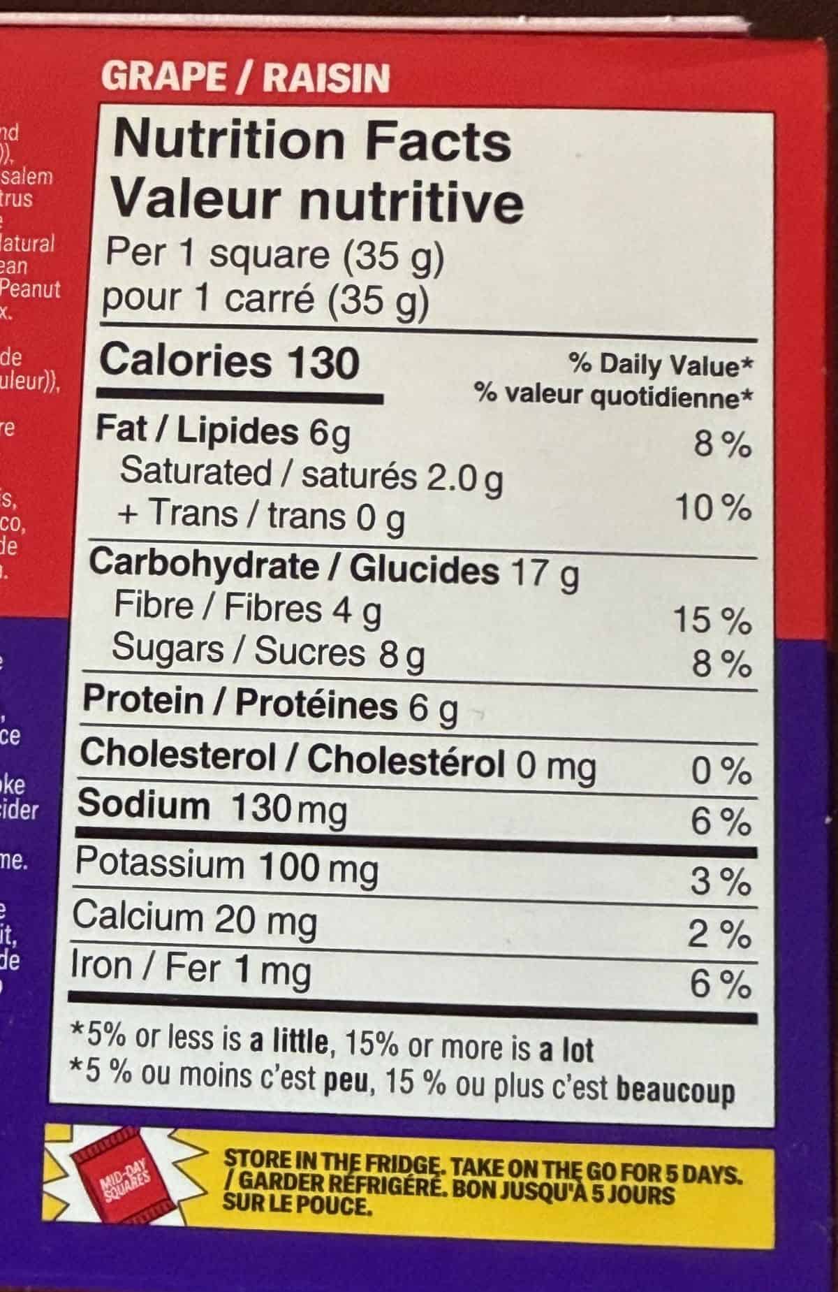 Image of the grape nutrition facts from the back of the box.