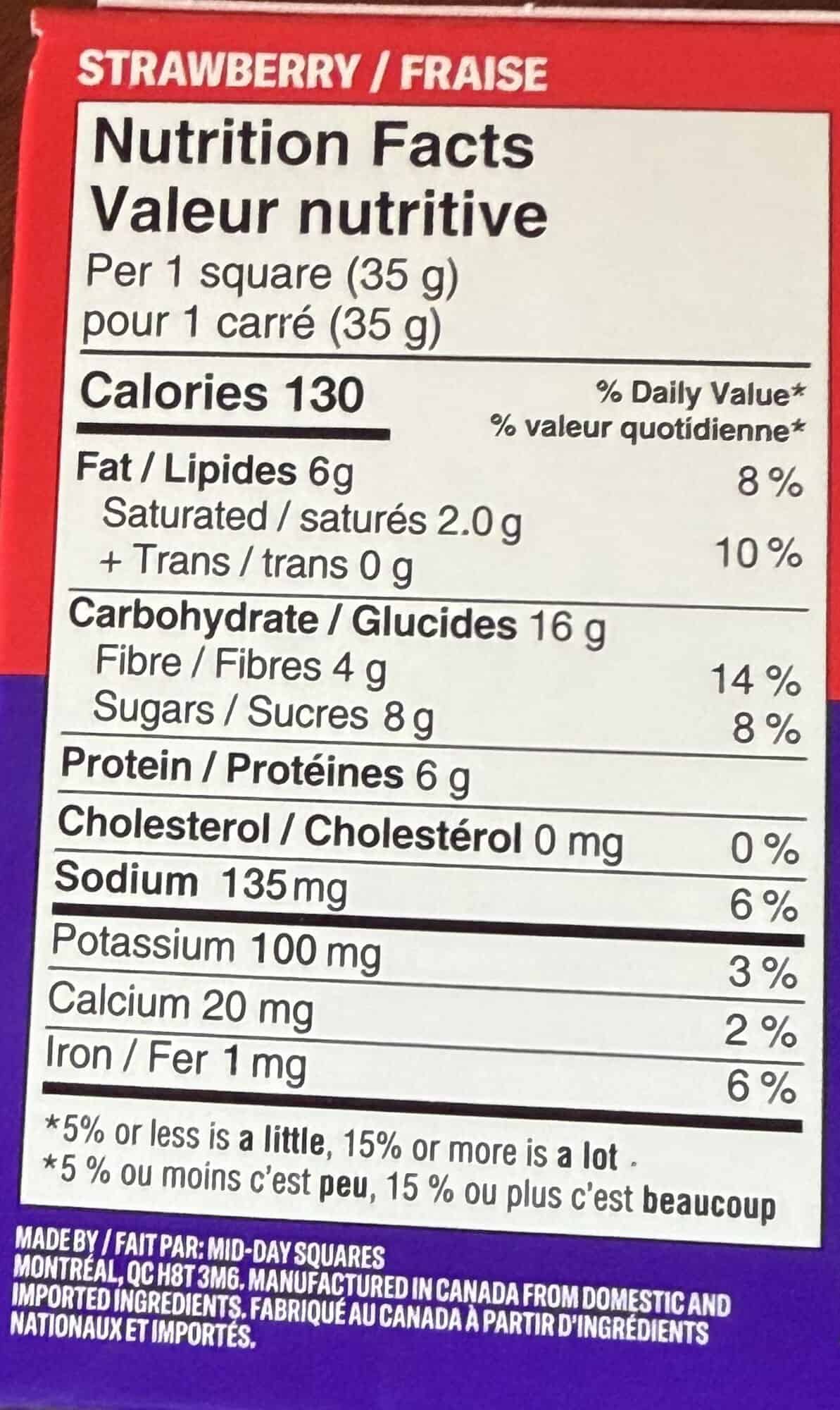 Image of the strawberry nutrition facts from the back of the box.