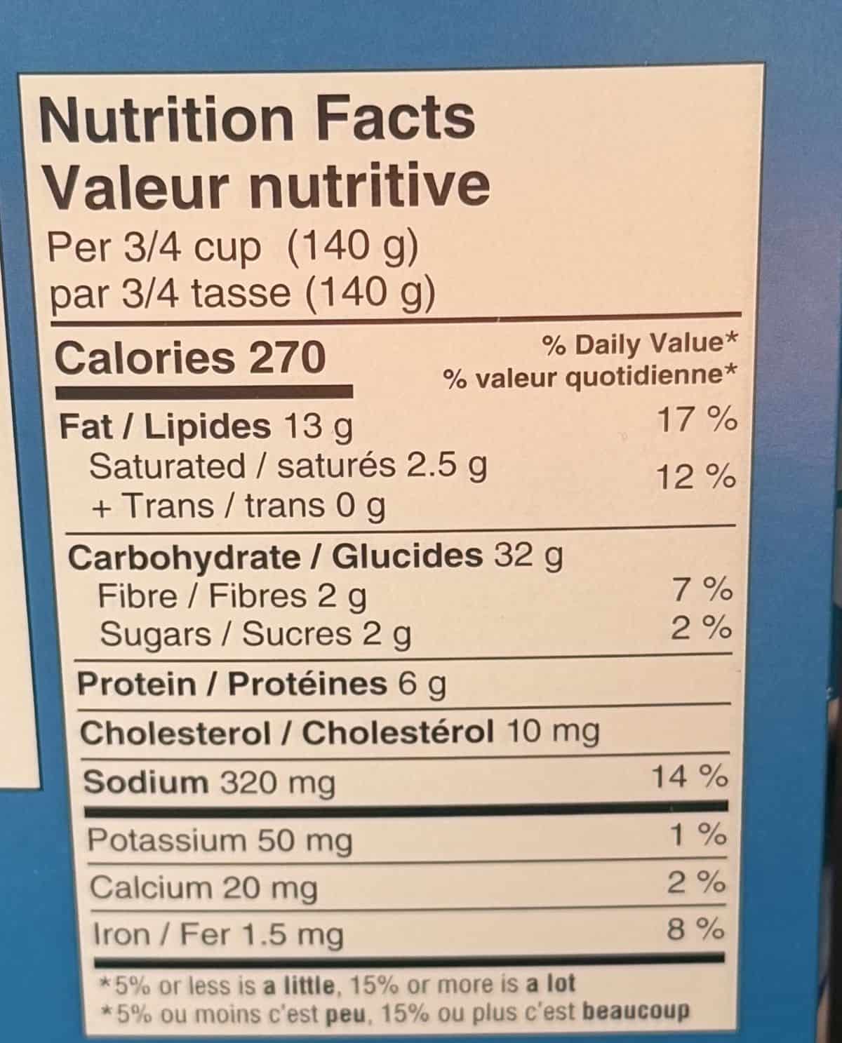 Image of the nutrition facts for the salad from the back of the box.