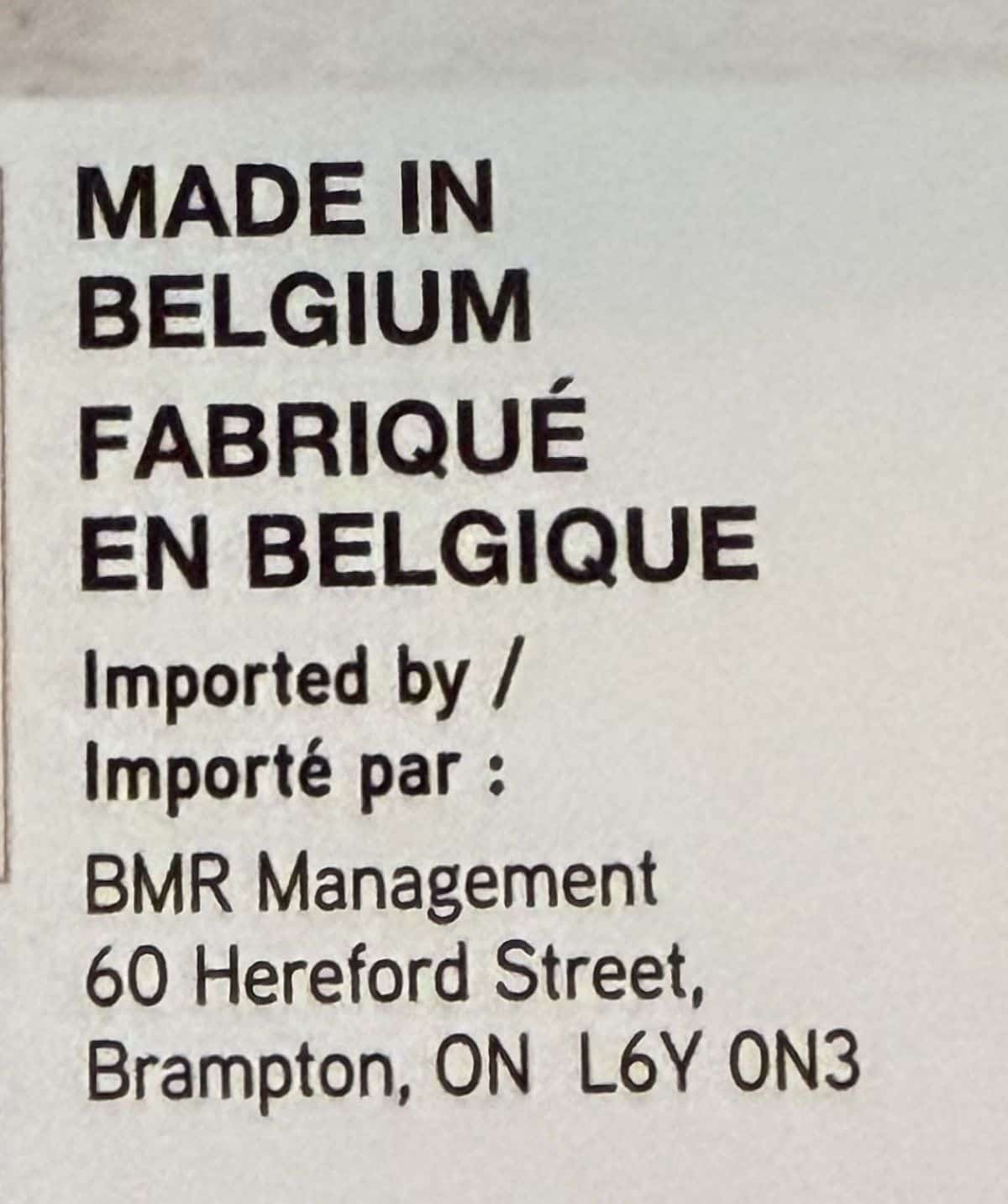 Image of the package stating that the desserts are made in Belgium.
