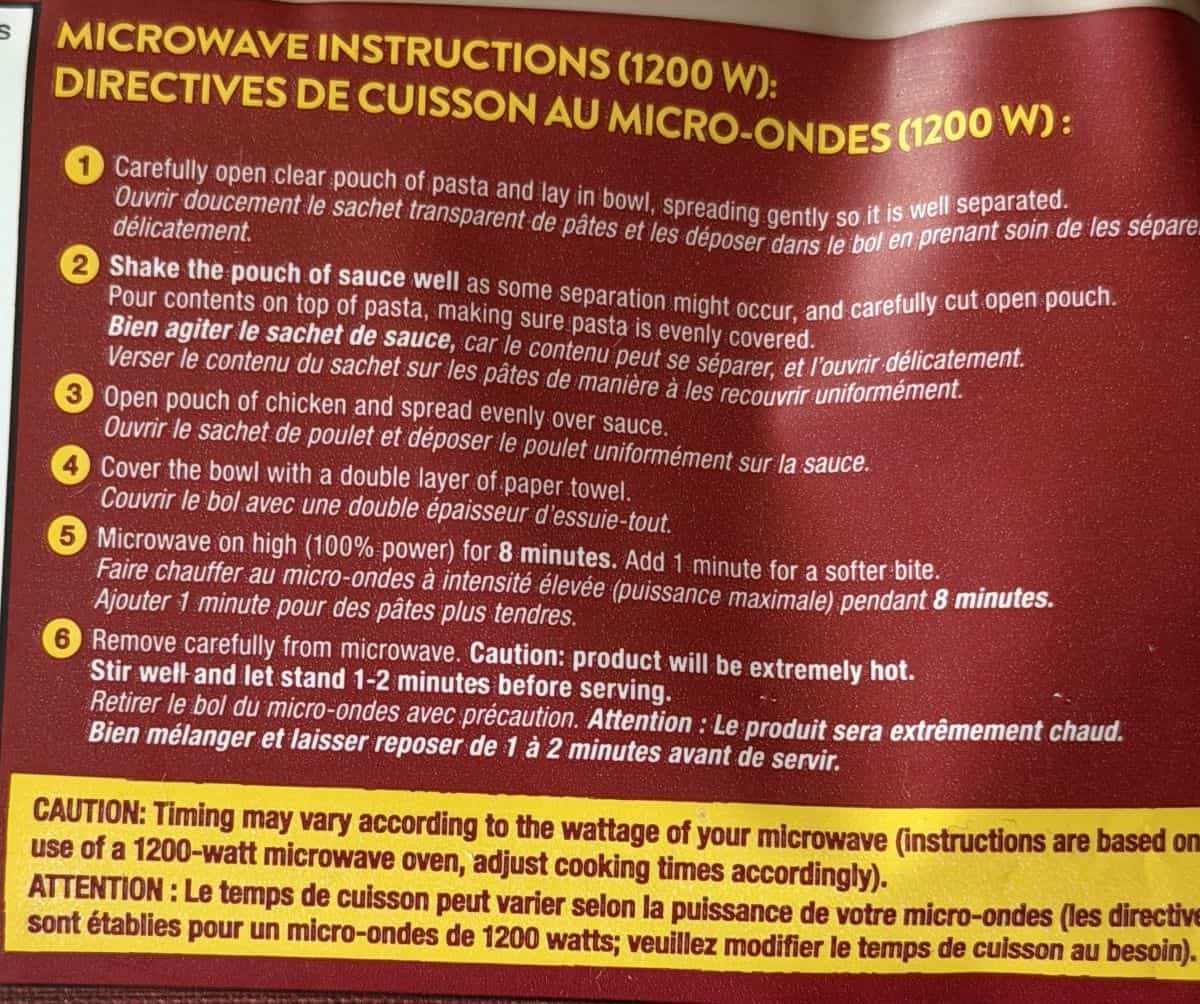 Image of the cooking instructions for the Rana meal from the back of the package.